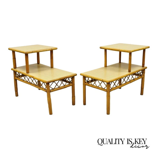 Vintage Mid Century Modern Tiki Room Rattan Bamboo Step Up End Tables - a Pair