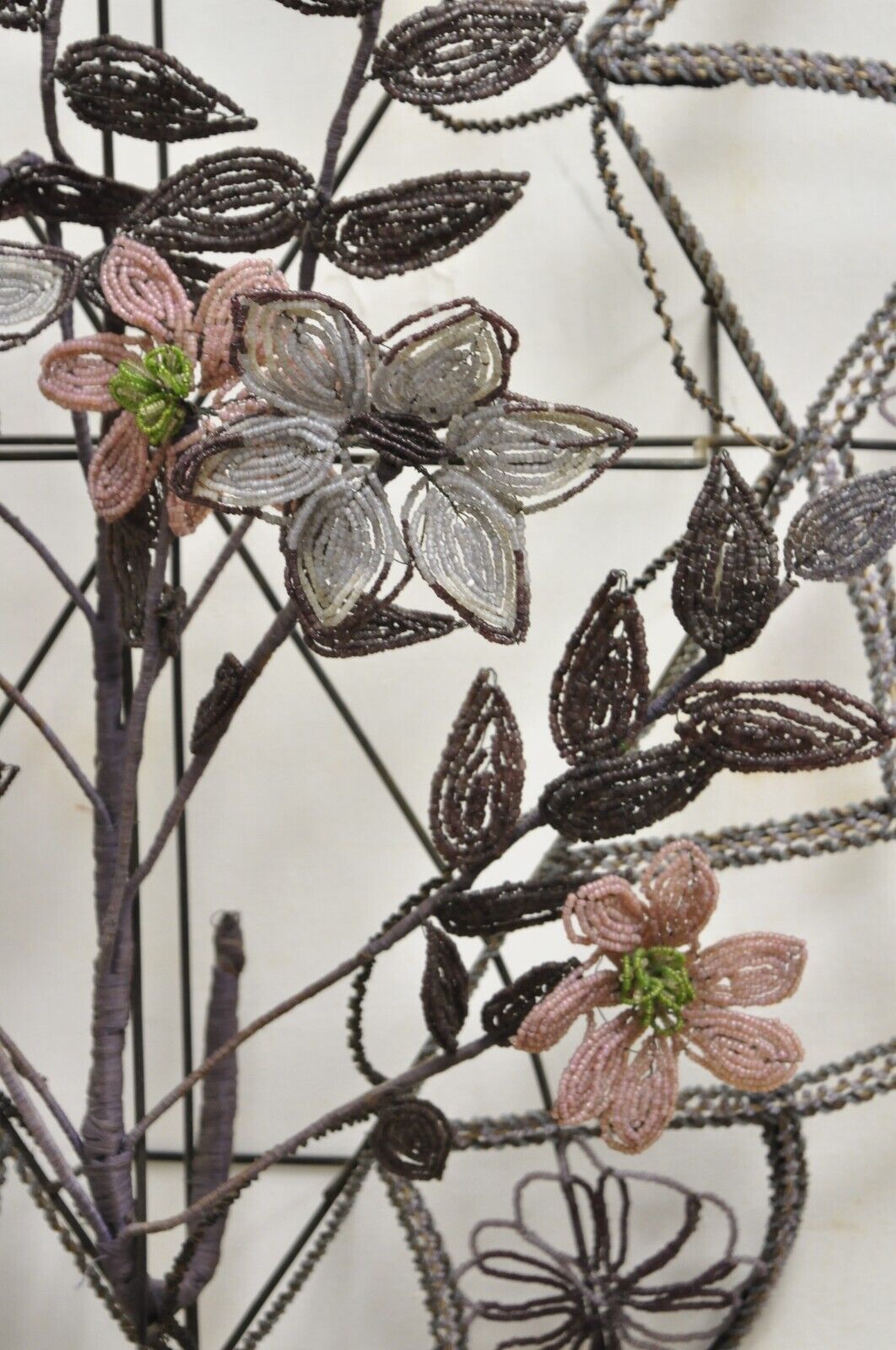 Antique French Victorian Purple Glass Beaded Memorial Wreath Wall Sculpture