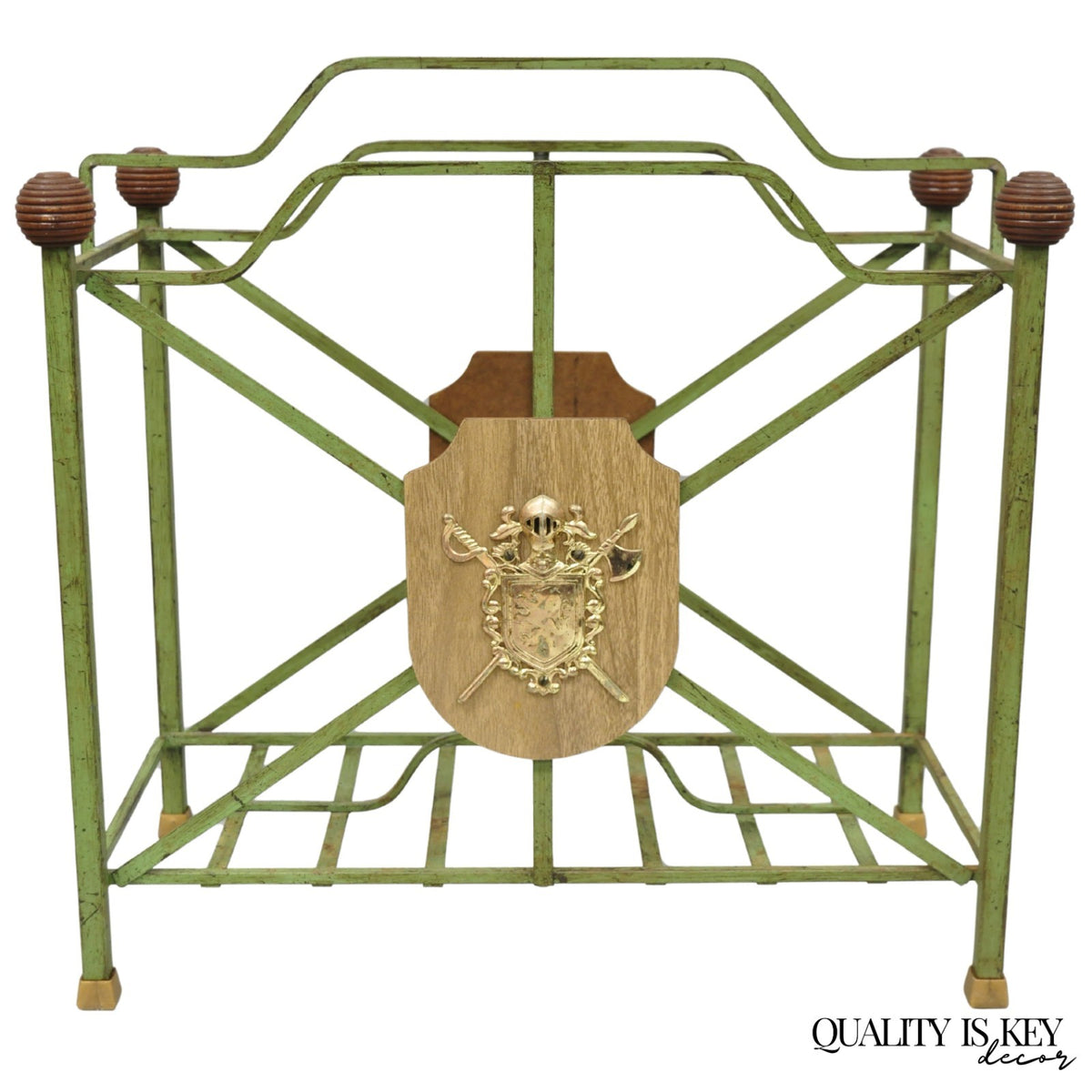 Vintage Italian Neoclassical Green Wrought Iron Book Magazine Rack w/ Shield