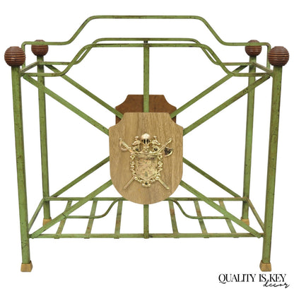 Vintage Italian Neoclassical Green Wrought Iron Book Magazine Rack w/ Shield
