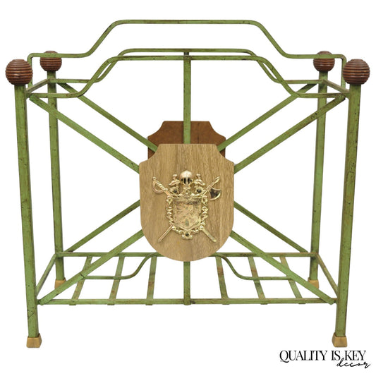 Vintage Italian Neoclassical Green Wrought Iron Book Magazine Rack w/ Shield