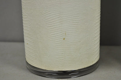 Vintage Hollywood Regency White Faux Alligator Embossed Cylinder Table Lamp Pair