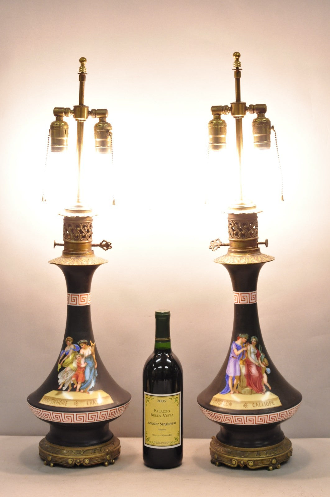 Antique French Neoclassical Bronze & Black Porcelain Painted Table Lamps - Pair