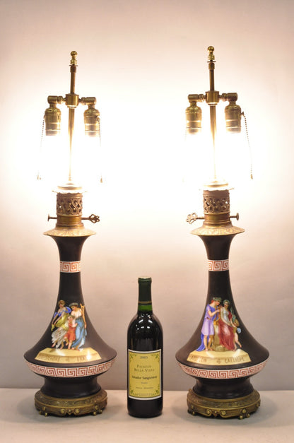 Antique French Neoclassical Bronze & Black Porcelain Painted Table Lamps - Pair