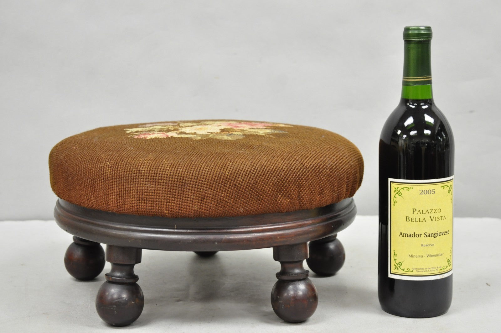 Antique Victorian Round Needlepoint Small Footstool Ottoman w/ 5 Walnut Bun Feet