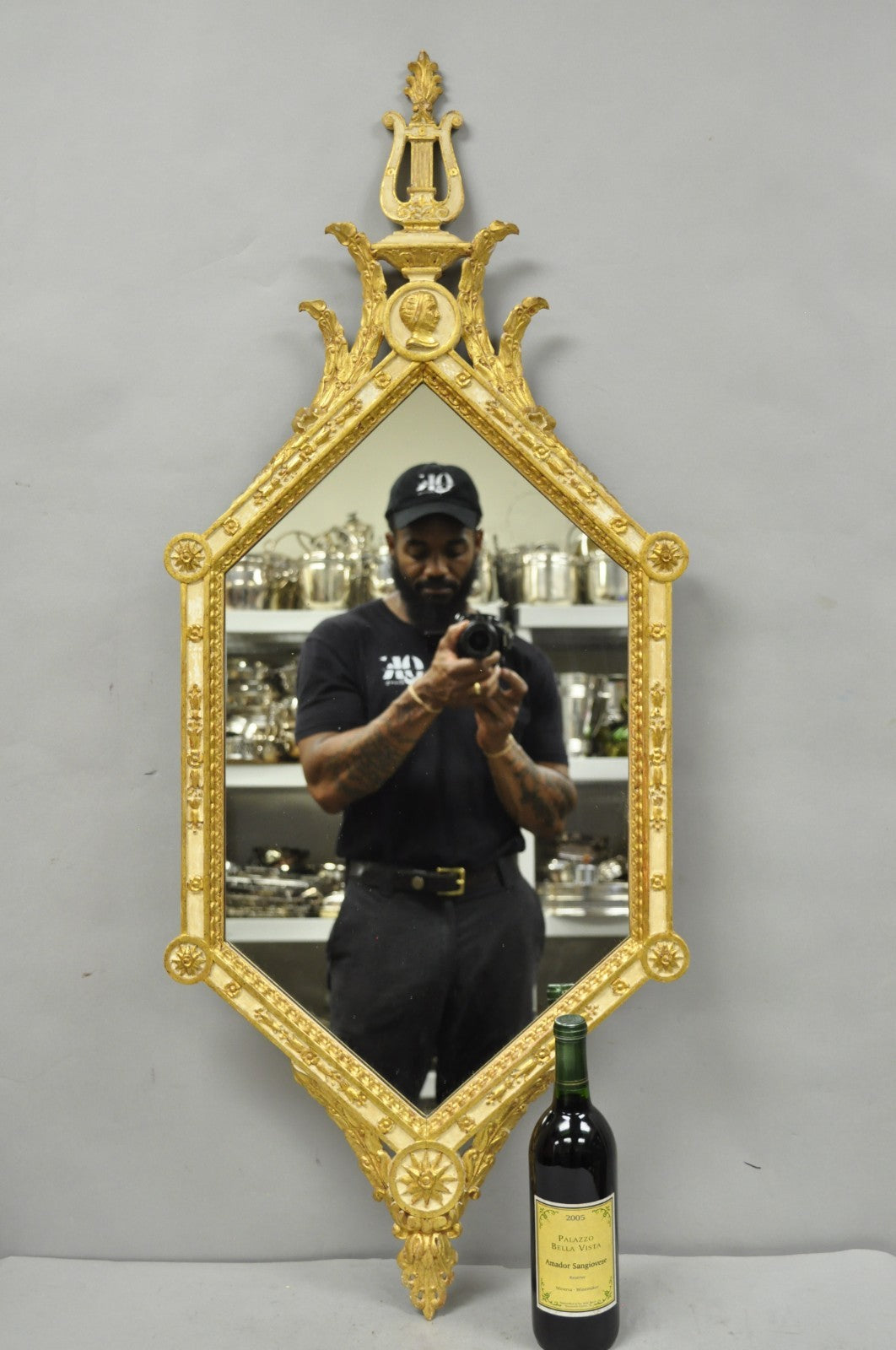 Vintage Italian Neoclassical Style Cream & Gold Gilt Carved Wood Wall Mirror