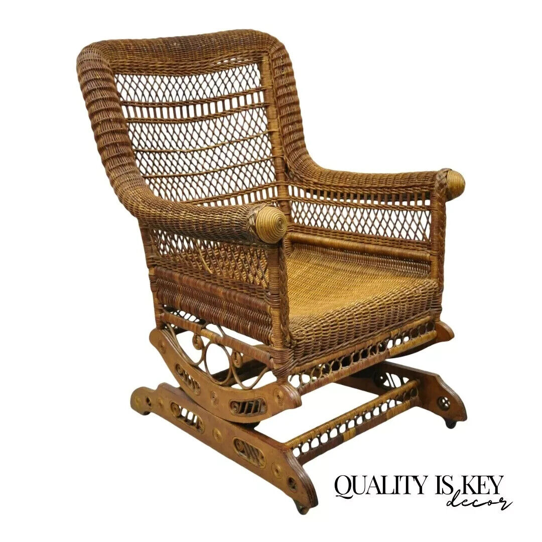 Antique Heywood Wakefield Victorian Woven Wicker Platform Rocker Rocking Chair