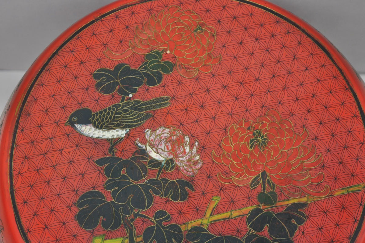 Vintage Chinoiserie Red Lacquer Plant Stand Garden Stool Drum Side Table (B)