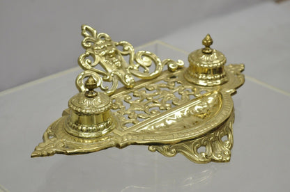 Vintage Brass Lion Head Italian Victorian Empire Double Pen Inkwell