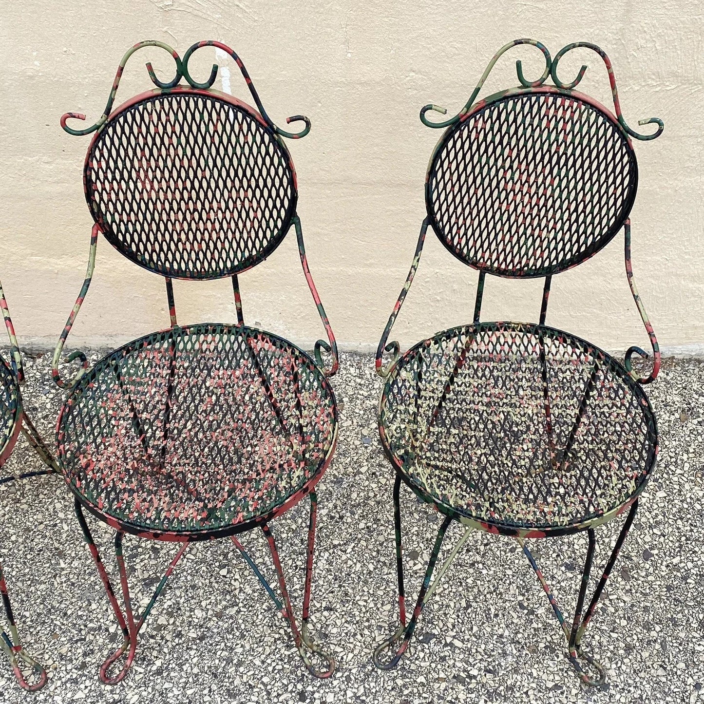 Vintage Victorian Style Small Wrought Iron Camo Paint Garden Patio Chair - Set 4