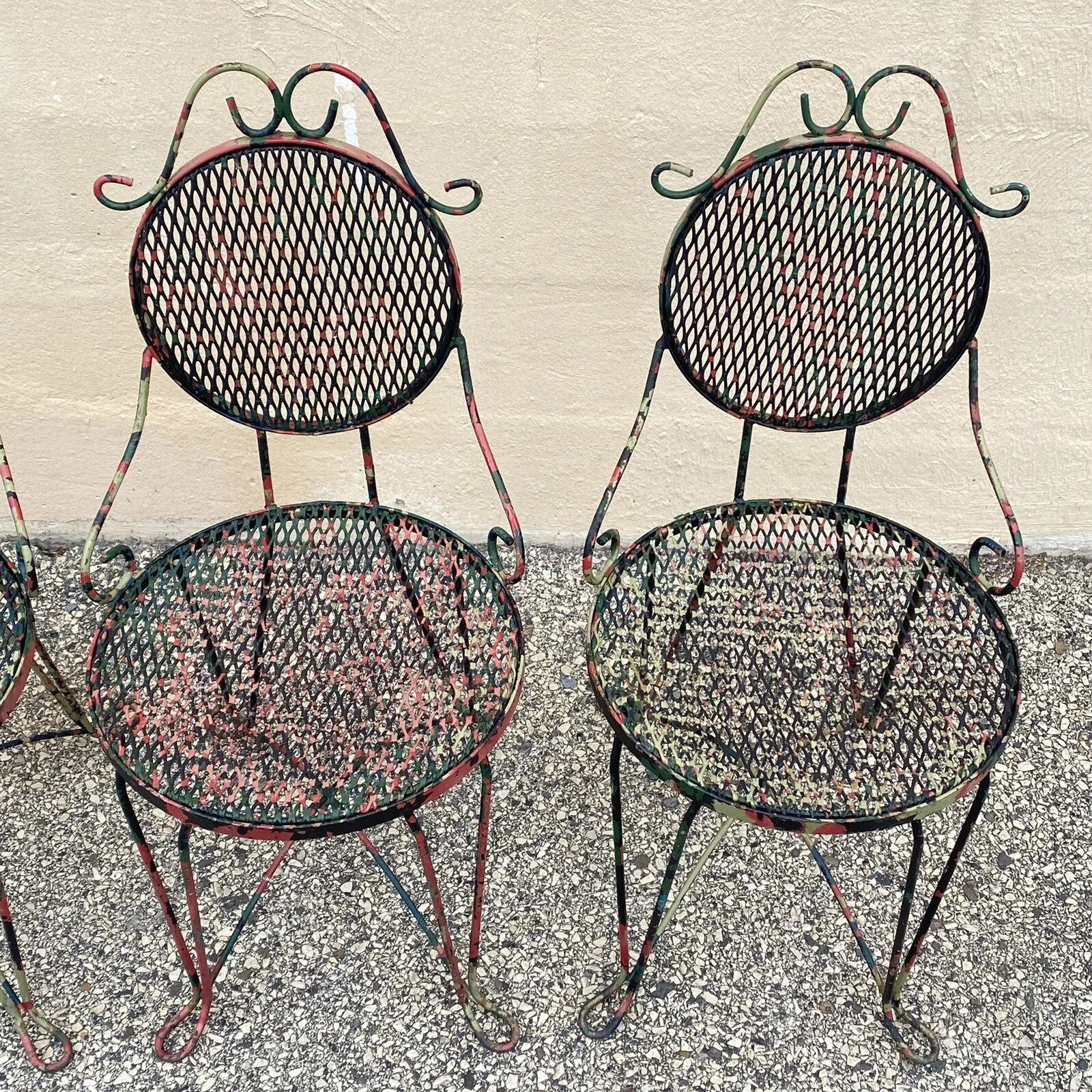 Vintage Victorian Style Small Wrought Iron Camo Paint Garden Patio Chair - Set 4