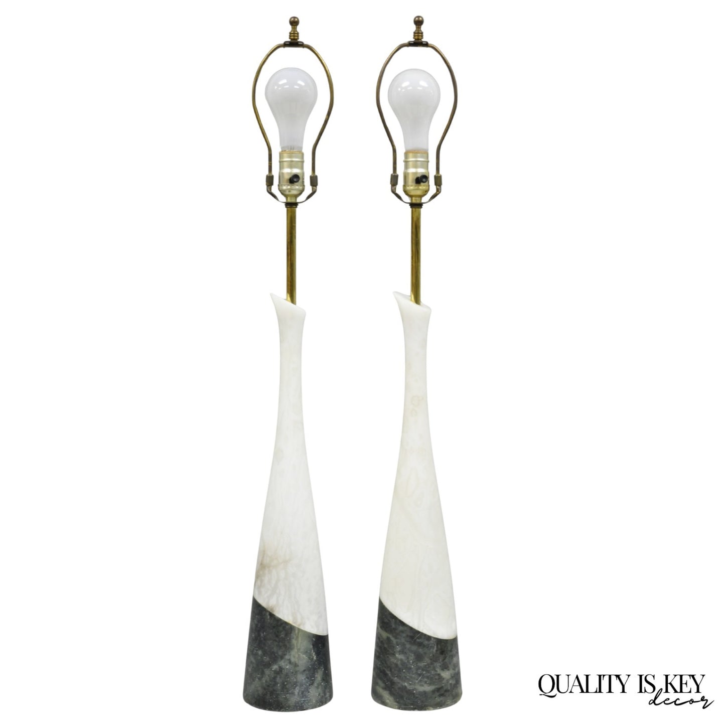 Vintage Italian Mid Century Modern 2 Tone Alabaster Green White Table Lamp Pair