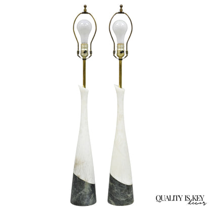 Vintage Italian Mid Century Modern 2 Tone Alabaster Green White Table Lamp Pair