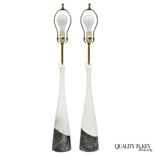 Vintage Italian Mid Century Modern 2 Tone Alabaster Green White Table Lamp Pair