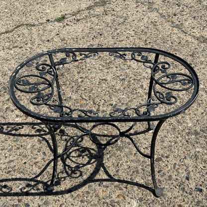 Vintage Salterini Style Leaf Vine Scroll Wrought Iron Oval Patio Coffee Table