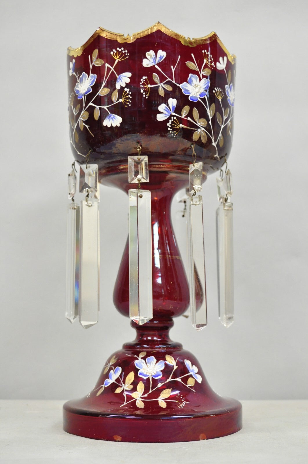 Antique Victorian Cranberry Glass Hand Painted Mantel Lustre Vase with Crystals