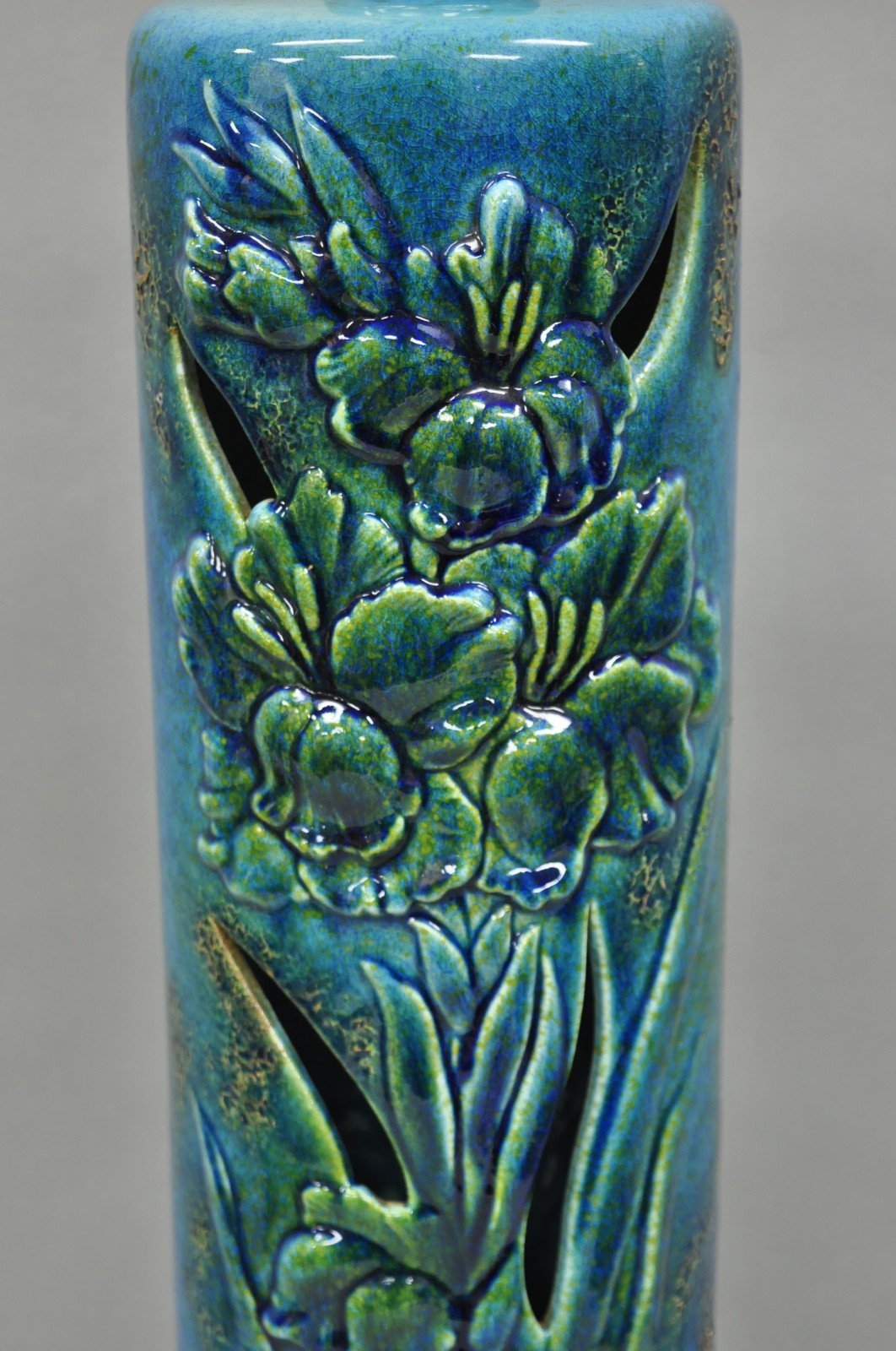 Vintage MCM Tall Royal Haeger Attr Blue Glazed Ceramic Pottery Floral Table Lamp