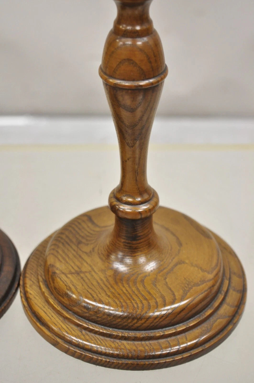 Vintage Italian Renaissance Jacobean Turn Carved Oak Wood 18.5" Candlestick Pair
