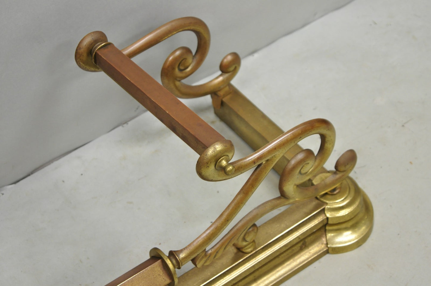 Antique Victorian Art Nouveau Patinated Brass Scrolling 51" Fireplace Fender