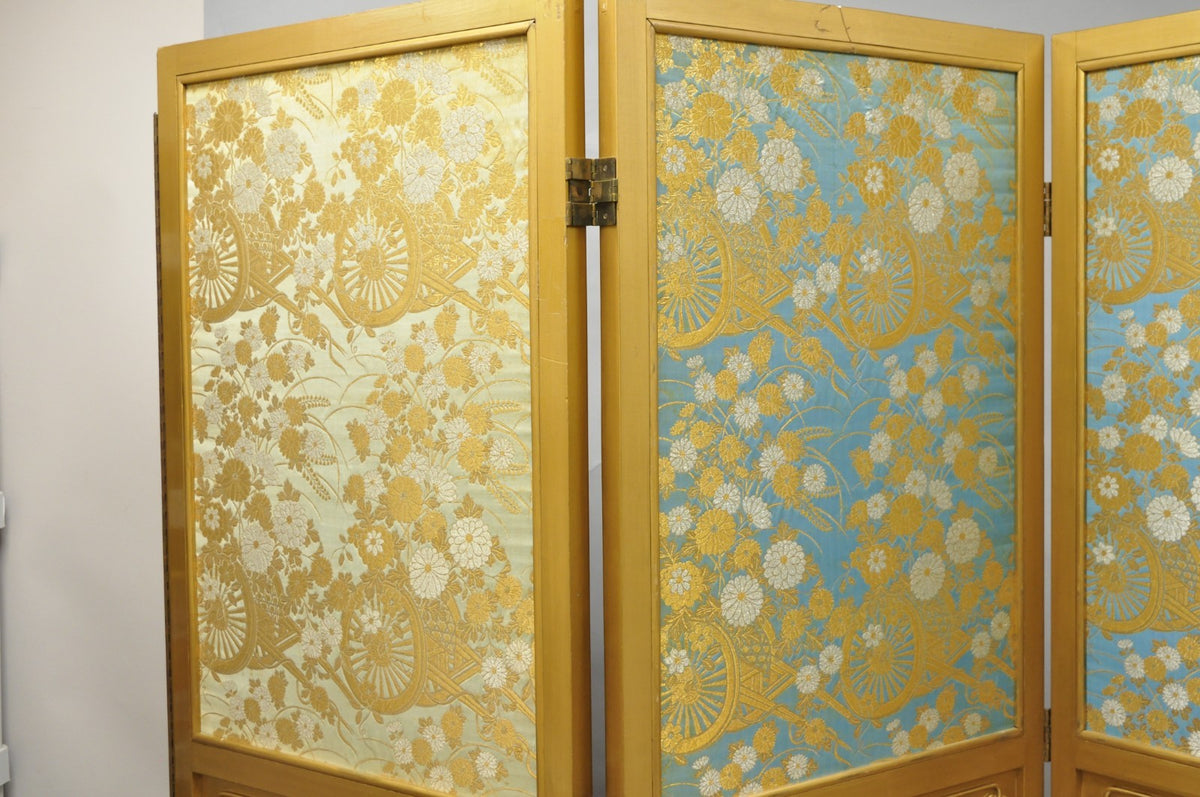 Vintage Chinoiserie Lattice Fretwork 4 Panel Gold Folding Screen Room Divider
