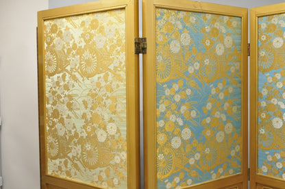 Vintage Chinoiserie Lattice Fretwork 4 Panel Gold Folding Screen Room Divider