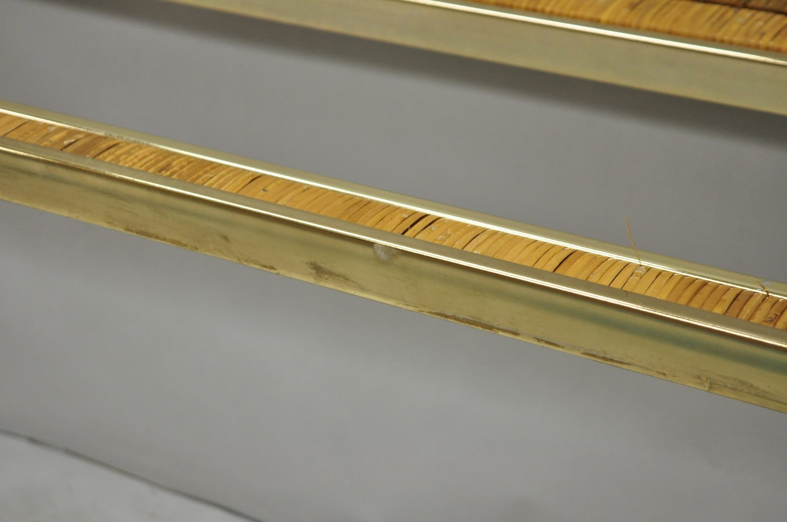 Vintage Mid Century Modern Brass Metal and Rattan Gold Console Hall Table