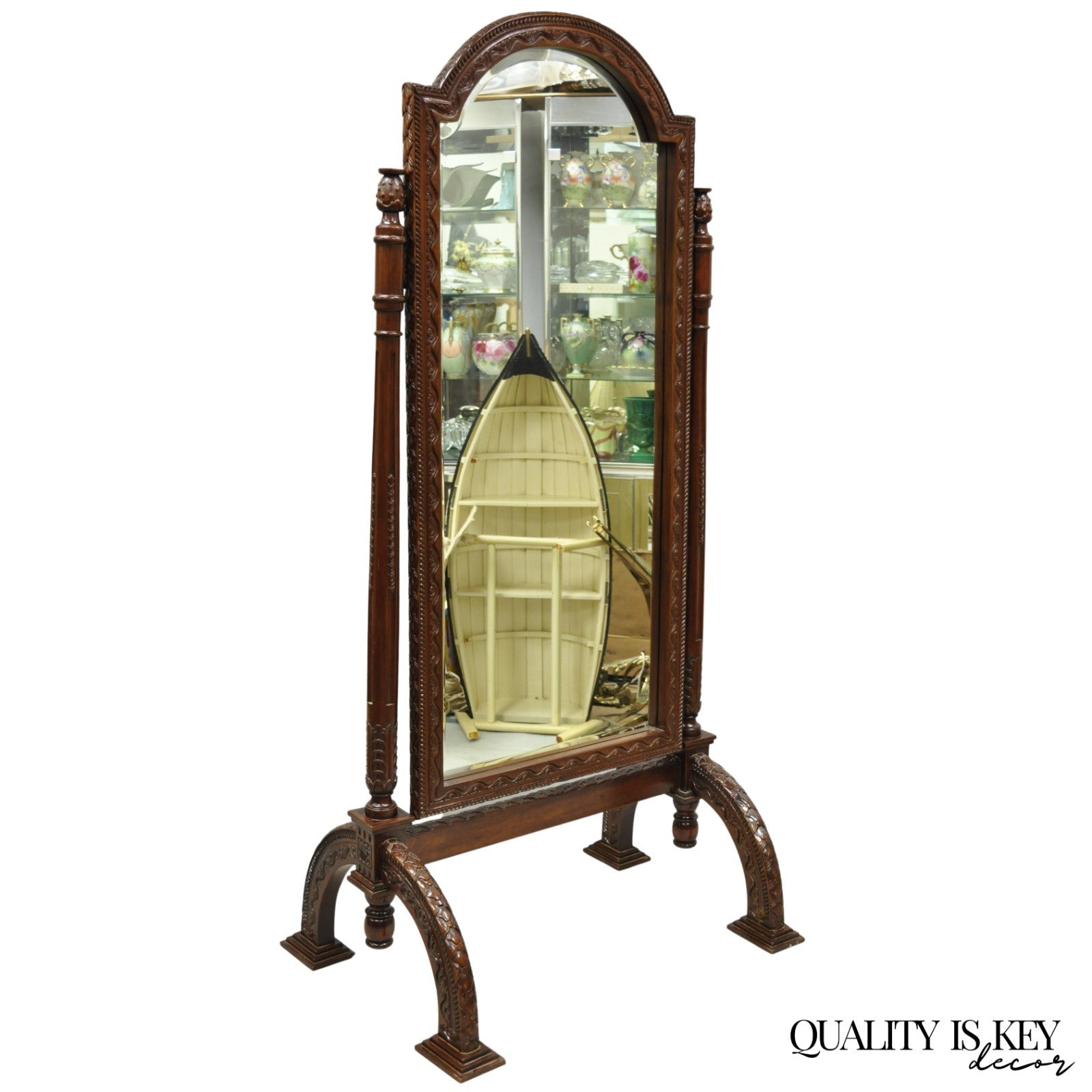 Wellington Carved Mahogany Frame Italian Renaissance Tall Dressing Cheval Mirror