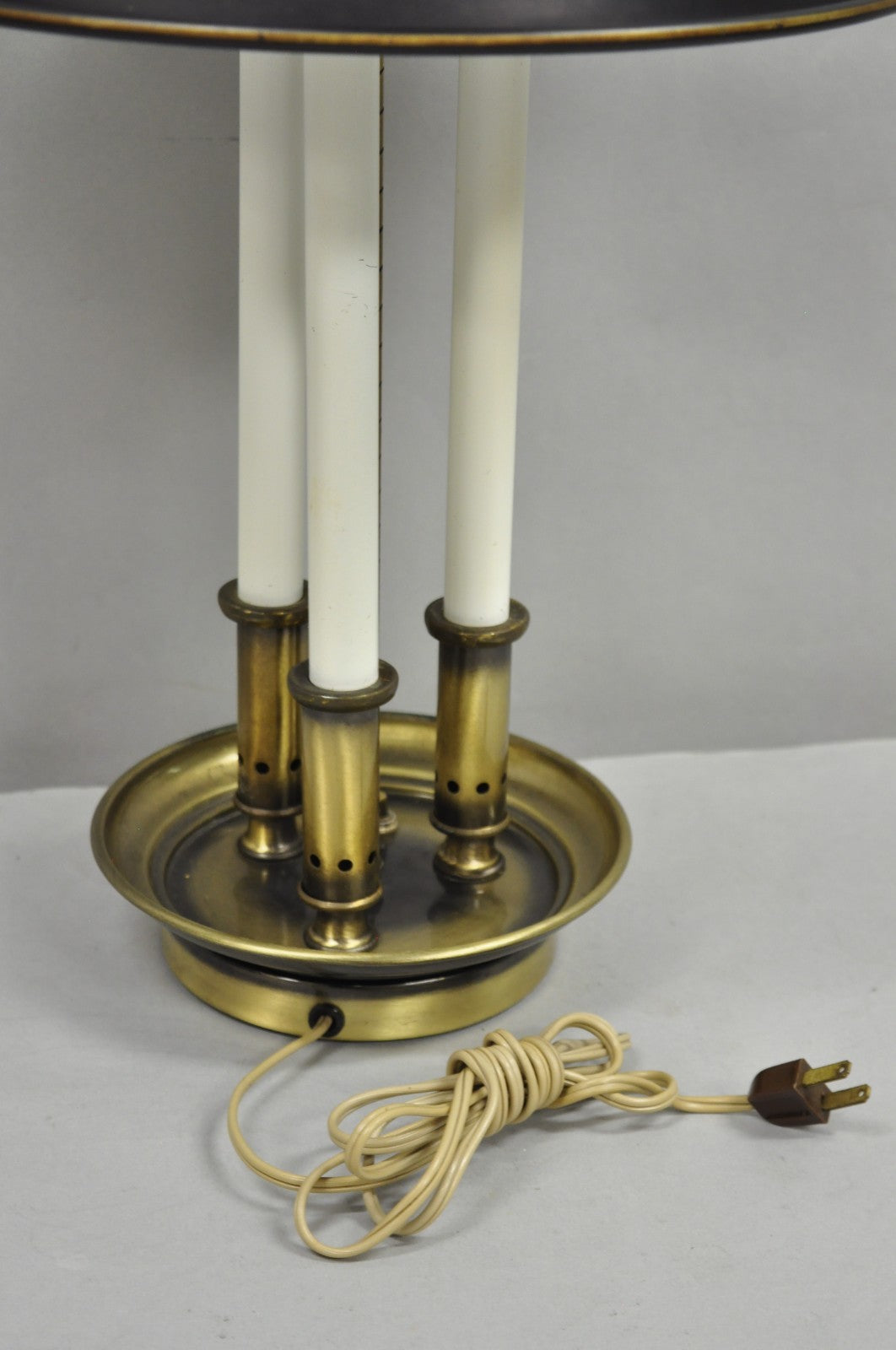 Vintage French Country Brass Candlestick Tole Metal Shade Bouilotte Desk Lamp