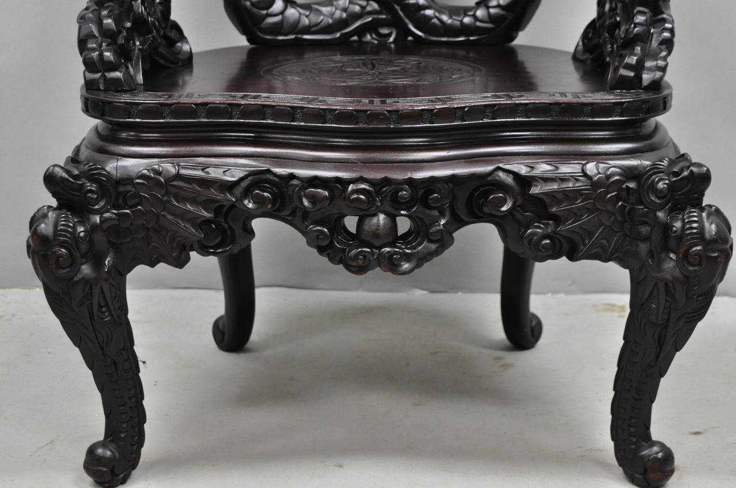 Antique Japanese Dragon Carved Wood Export Oriental Palace Lounge Arm Chair