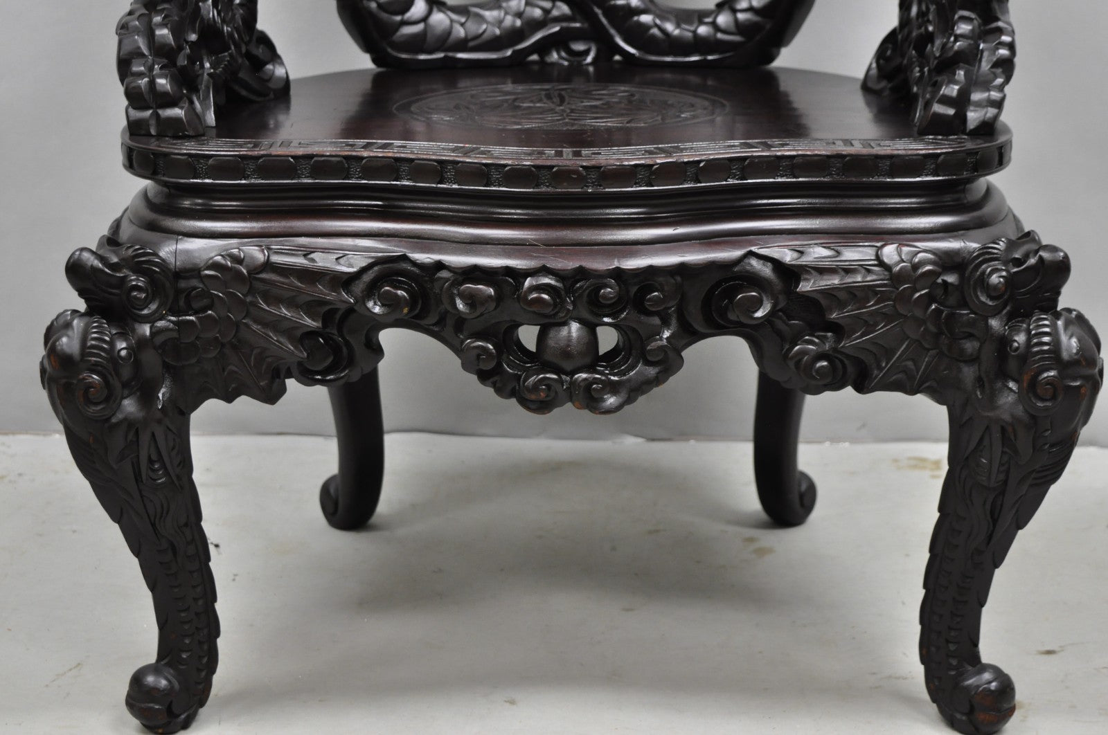 Antique Japanese Dragon Carved Wood Export Oriental Palace Lounge Arm Chair