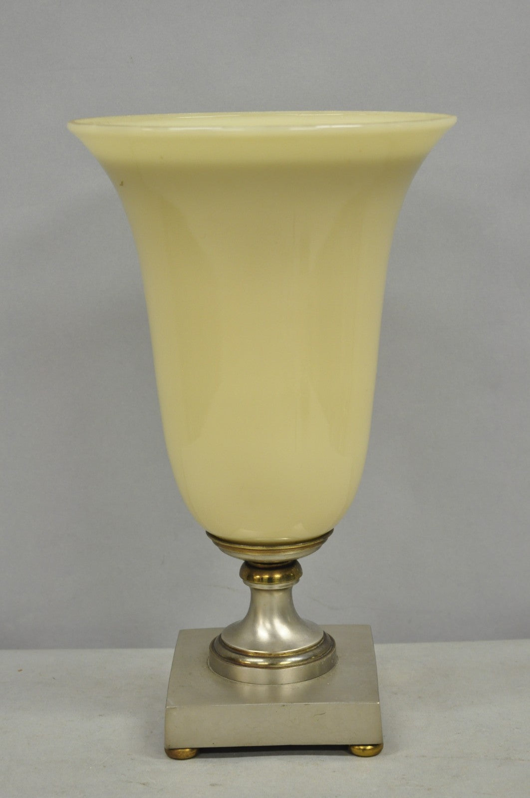 Antique French Art Deco Beige Fluted Glass Vase Metal Base Up Light Table Lamp