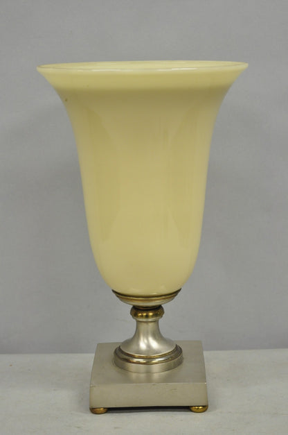 Antique French Art Deco Beige Fluted Glass Vase Metal Base Up Light Table Lamp