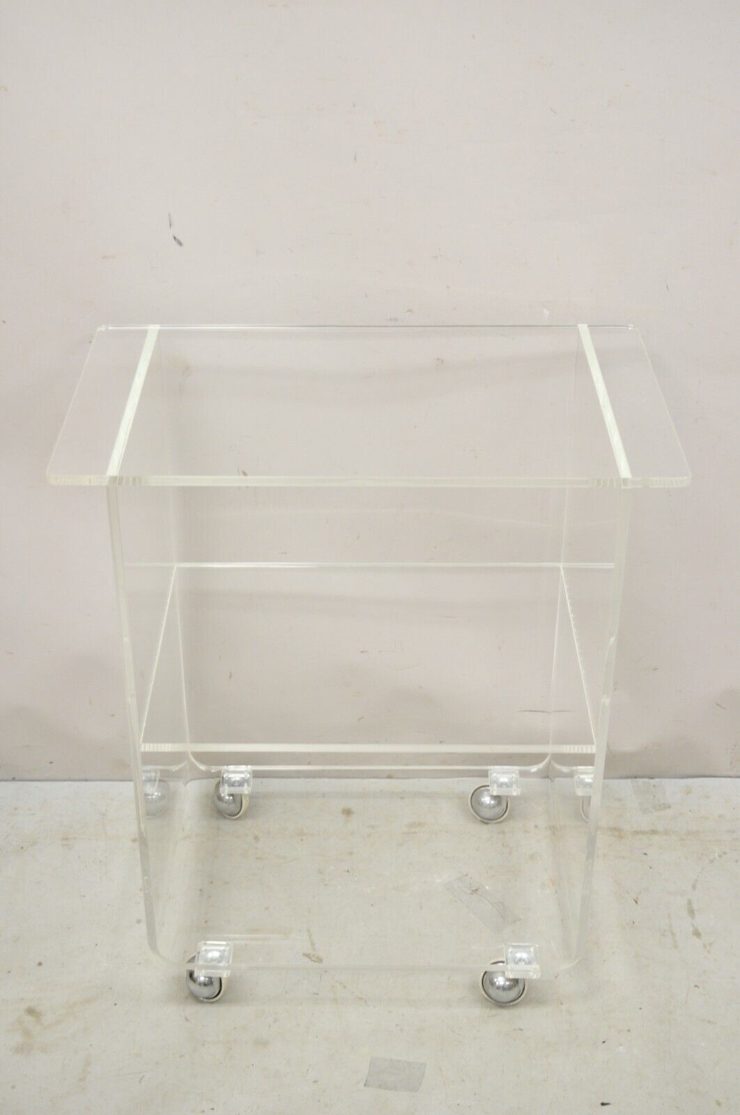 Vintage Clear Lucite Acrylic Mid Century Modern Rolling Bar Cart Side Table