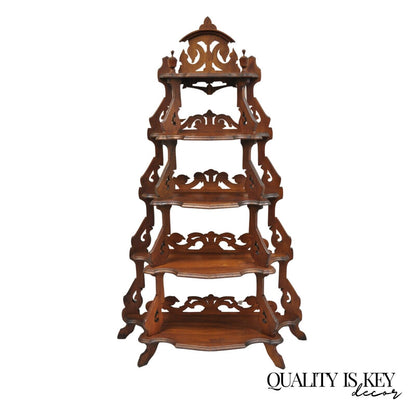 Antique Eastlake Victorian Carved Walnut 5 Tier Etagere Curio Whatnot Stand