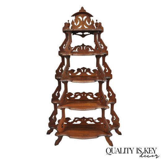 Antique Eastlake Victorian Carved Walnut 5 Tier Etagere Curio Whatnot Stand