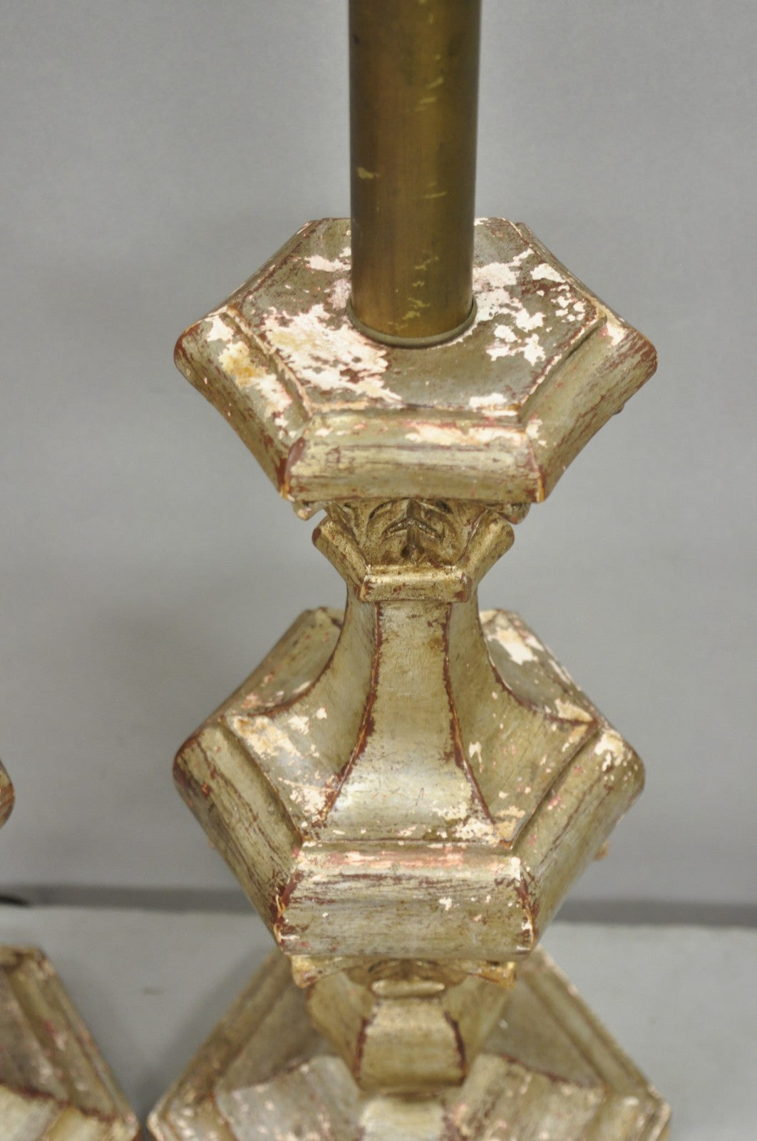 Italian Hollywood Regency Silver Carved Giltwood Candlestick Table Lamps a Pair