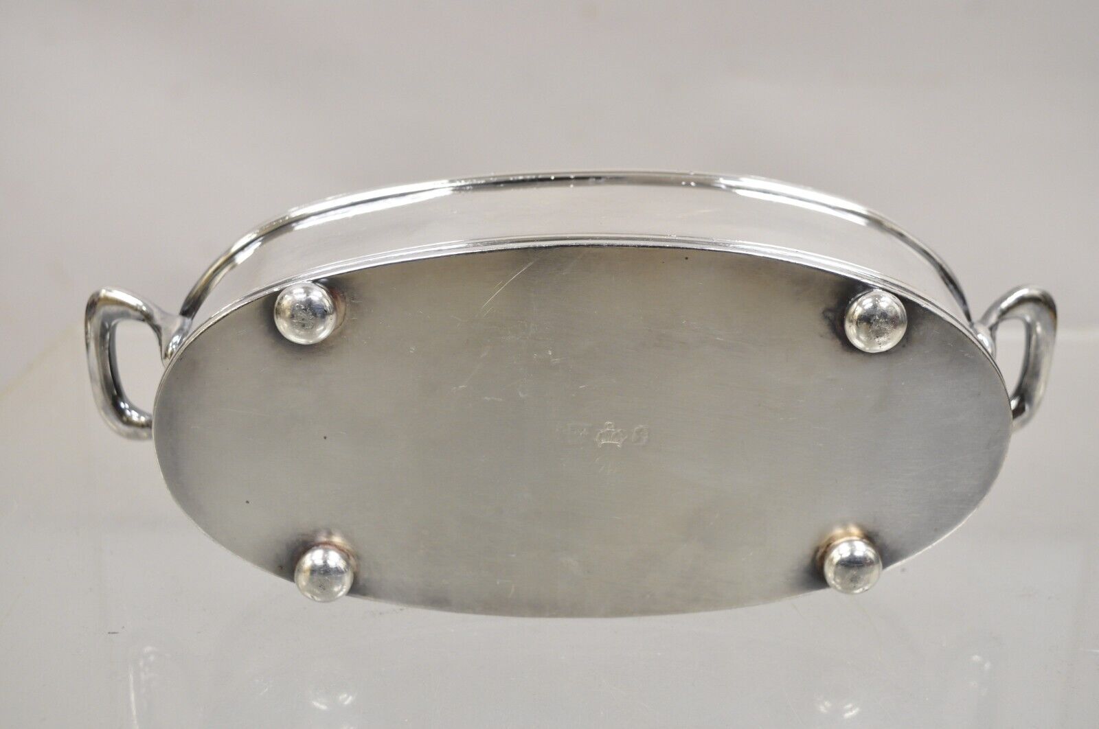 Antique English Edwardian Small Oval Silver Plated Desk Trinket Dish w/ Handles