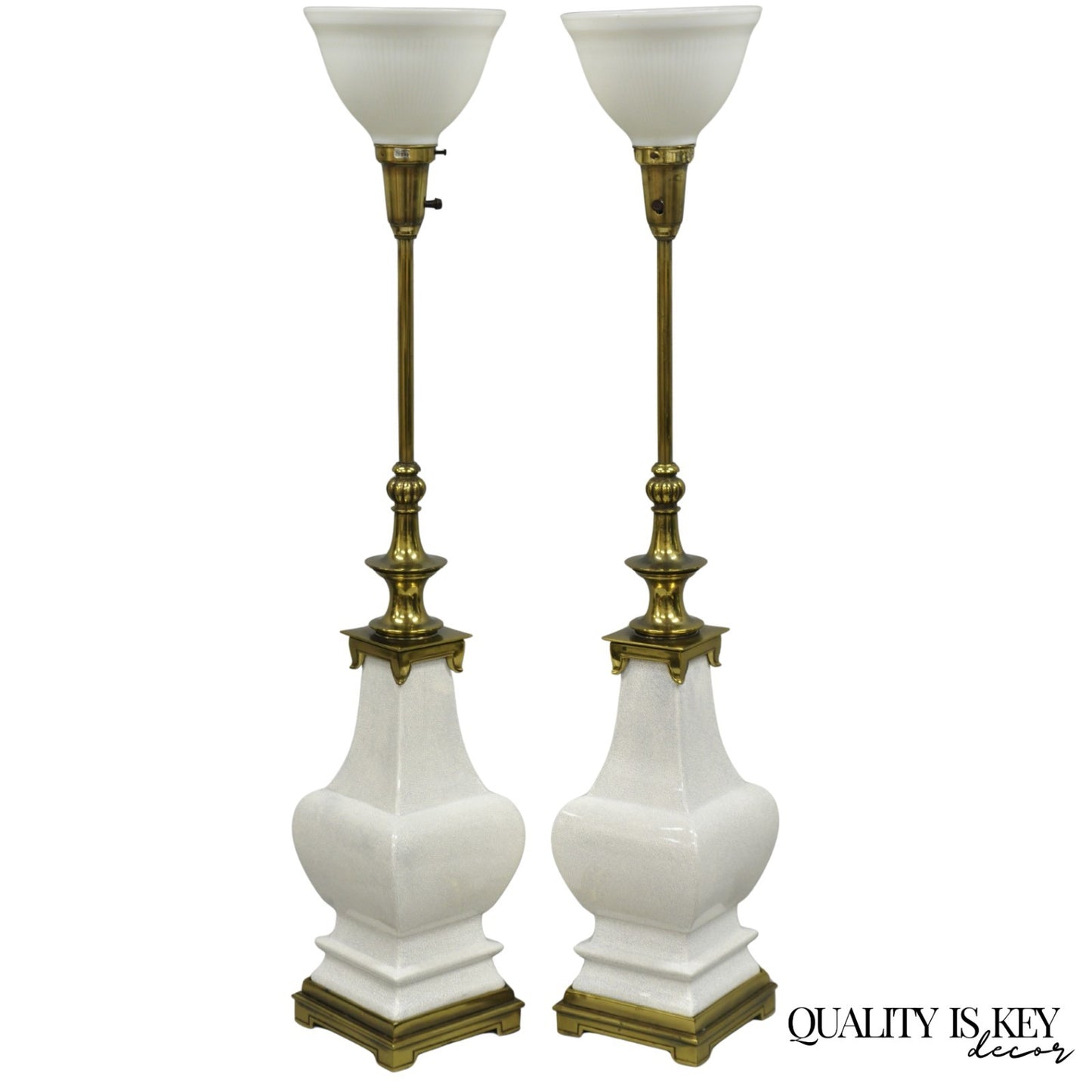 Stiffel Hollywood Regency Tall Crackle Glazed Ceramic & Brass Table Lamps a Pair