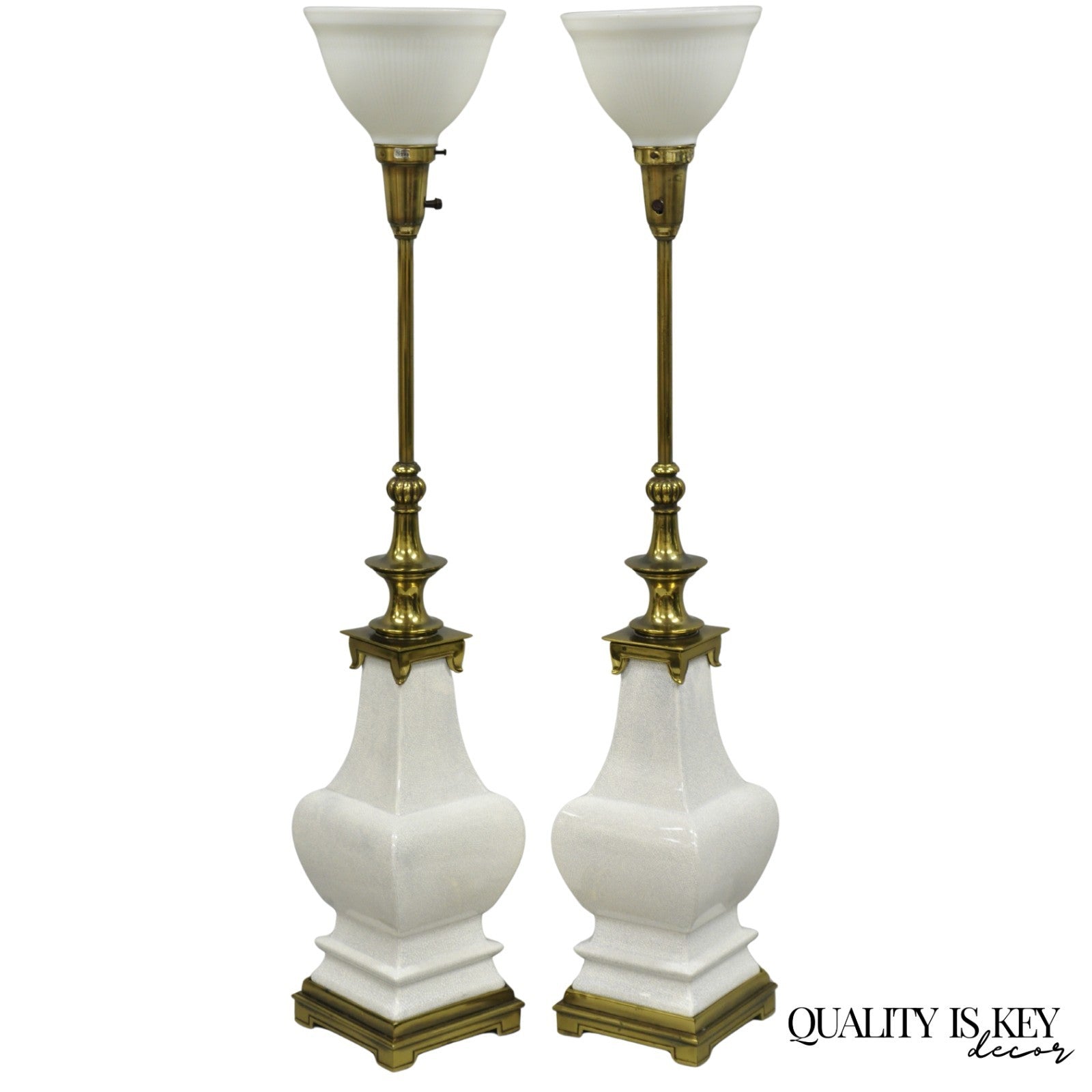 Stiffel Hollywood Regency Tall Crackle Glazed Ceramic & Brass Table Lamps a Pair
