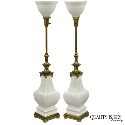 Stiffel Hollywood Regency Tall Crackle Glazed Ceramic & Brass Table Lamps a Pair