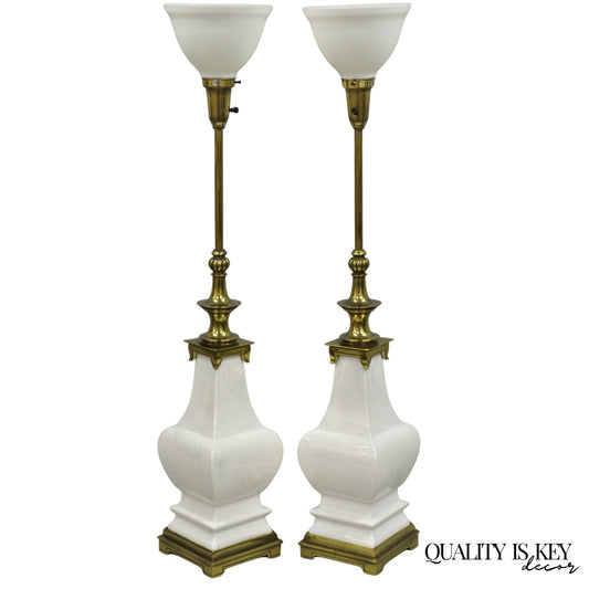 Stiffel Hollywood Regency Tall Crackle Glazed Ceramic & Brass Table Lamps a Pair