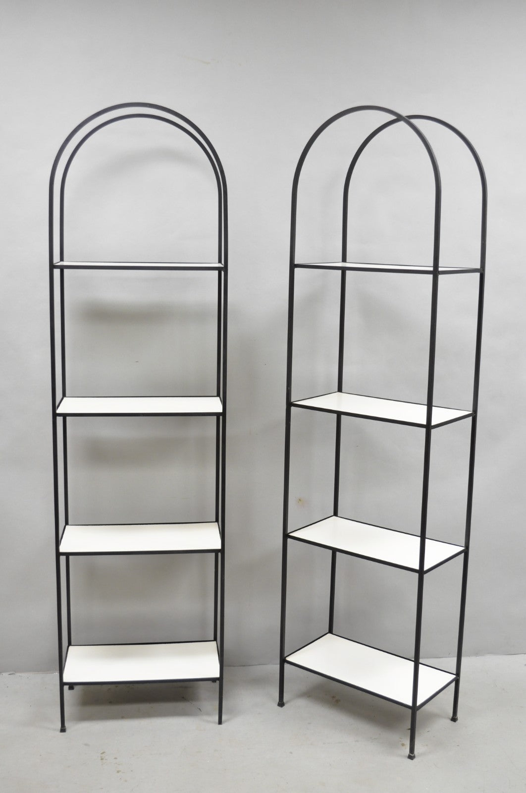 Vintage Mid Century Modern Narrow Arched Wrought Iron Etagere Bookcase - a Pair