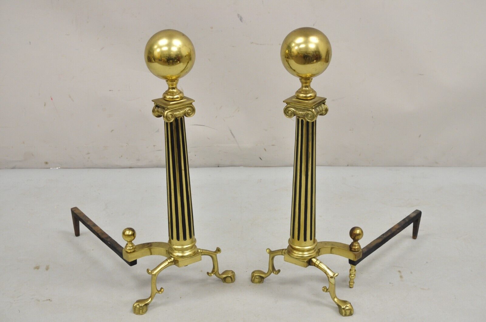 Vintage French Empire Style Brass Cannonball Column Form Branch Foot Andirons