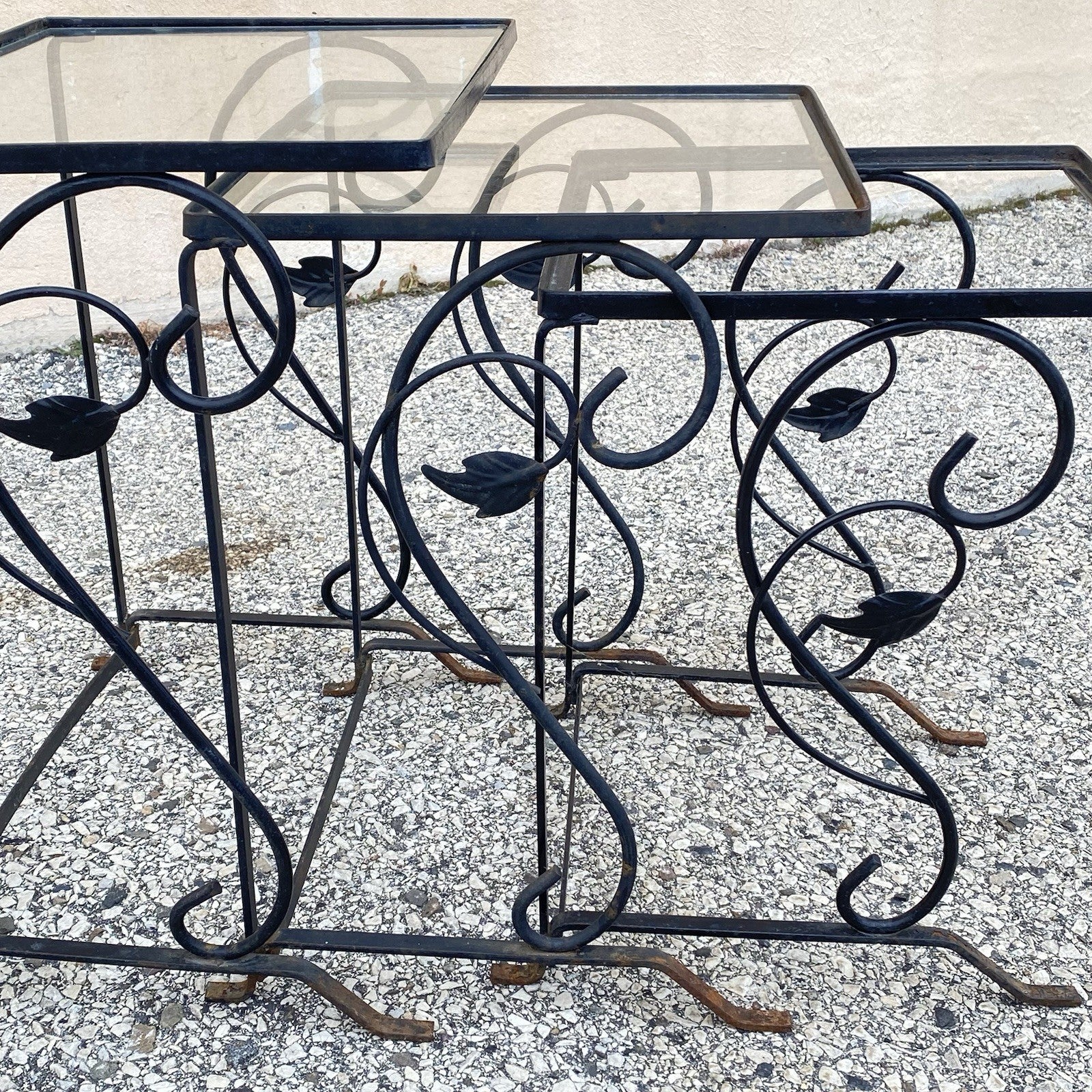 Vintage Art Nouveau Salterini Wrought Iron Garden Nesting Side Tables - 3 Pc Set