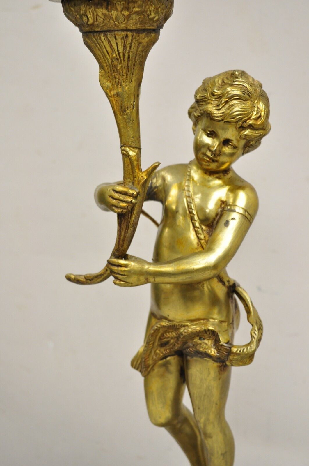 Vintage French Renaissance Brass Rococo Gold Figural Cherub Putti Table Lamp