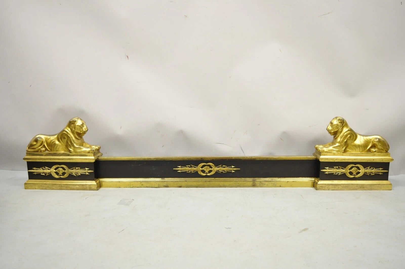 Antique French Empire Neoclassical Bronze Lion Andirons Chenet Fireplace Fender
