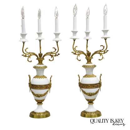 Antique French Louis XV Figural Bronze & Porcelain Candelabra Table Lamps - Pair