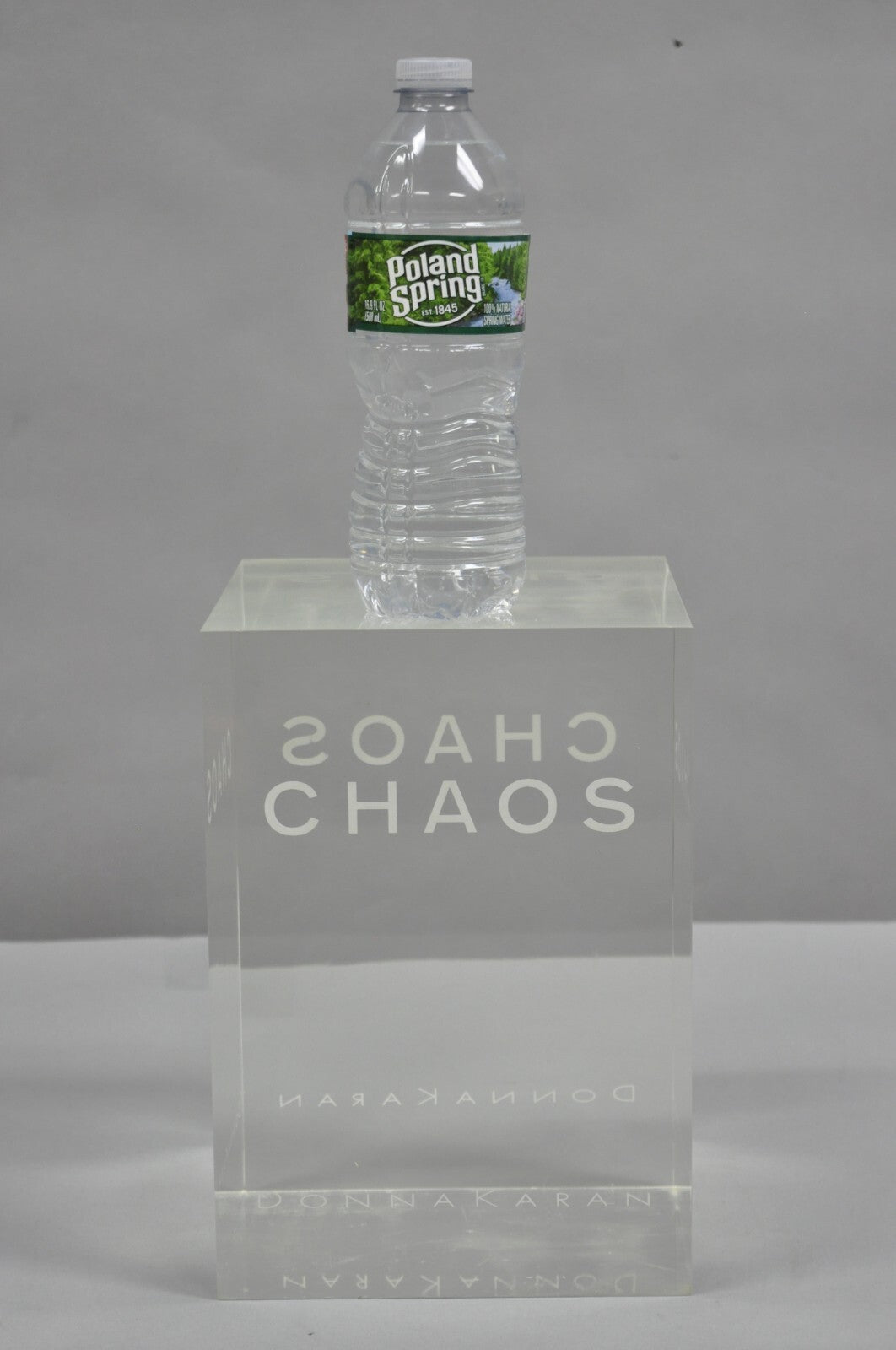 Donna Karan "Chaos" Heavy Acrylic Lucite Cube Perfume Retail Pedestal Display