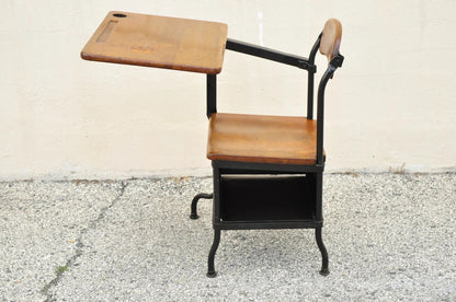 Antique American Industrial Iron and Maple Childs School Writing Desk