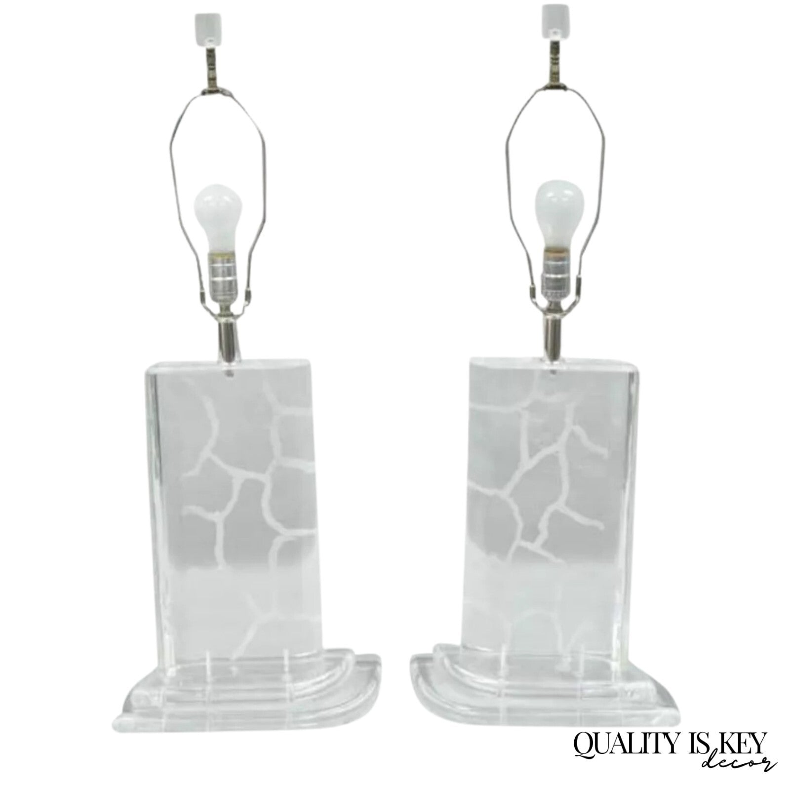 Vintage Mid Century Modern Etched Lucite Sculptural Table Lamps by Van Teal Pair